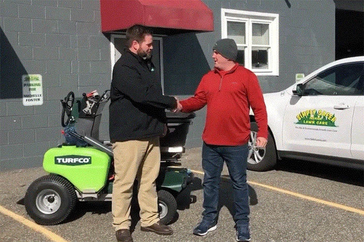 Mitch Foster (right), took delivery in a mid-February of a new Turfco T3100 Riding Spreader and Aerator from Brad Hendrickson, regional sales manager, Turfco Manufacturing. Foster accepted the new machine on behalf of his company, Simply Safer Lawn Care, of Wrentham, Mass. The award capped the year-long 100 Years of Thanks giveaway sweepstakes that Turfco sponsored in honor of its 100 years of doing business as a trusted provider of lawn care management equipment to the landscaping and turf management industries. 