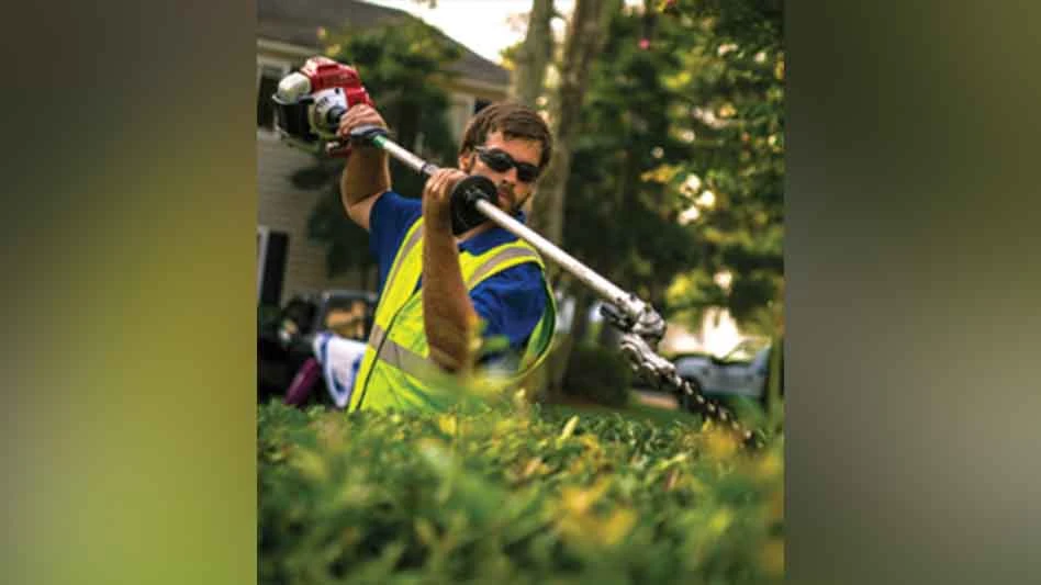 Man string trimming hedges
