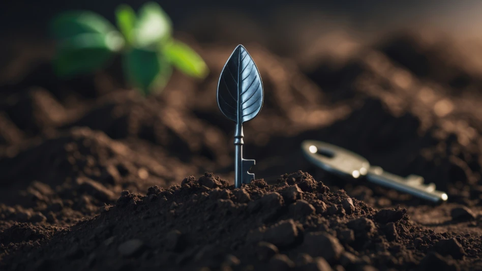 A leaf-shaped key sticking up from the dirt