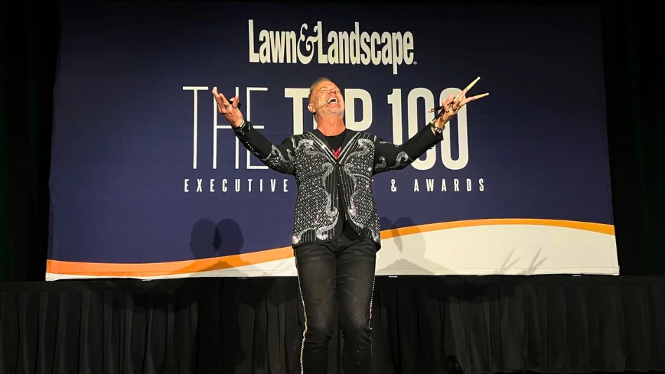 Top 100 keynote "Marvelous" Mark Kamp speaking at Lawn & Landscape's Top 100 event in Las Vegas.