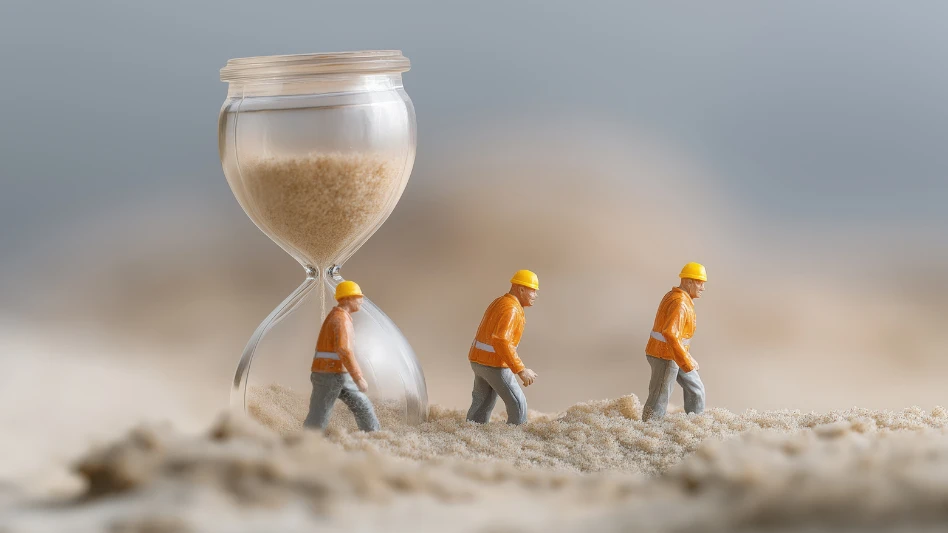 Three laborers walking in front of an hourglass