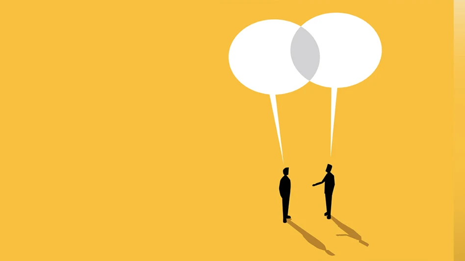 Two stick figures having conversation through thought bubbles