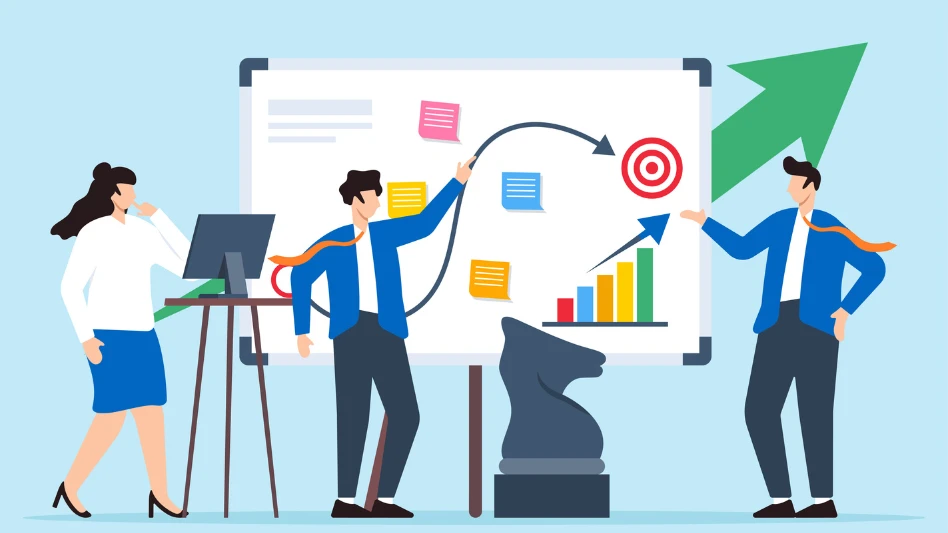 Illustration of a sales team huddled around some numbers